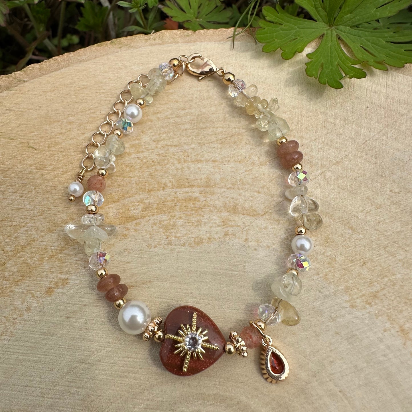 Yellow Tone Heart Pearl Bracelet