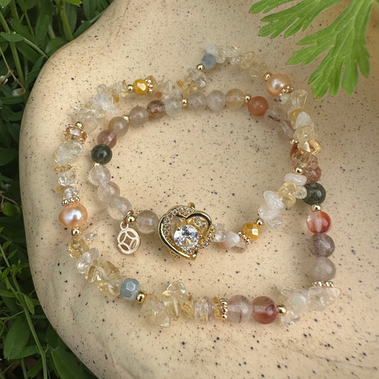 Yellow Gemstone Chip & Colorful Rutilated Quartz Double Wrap Bracelet