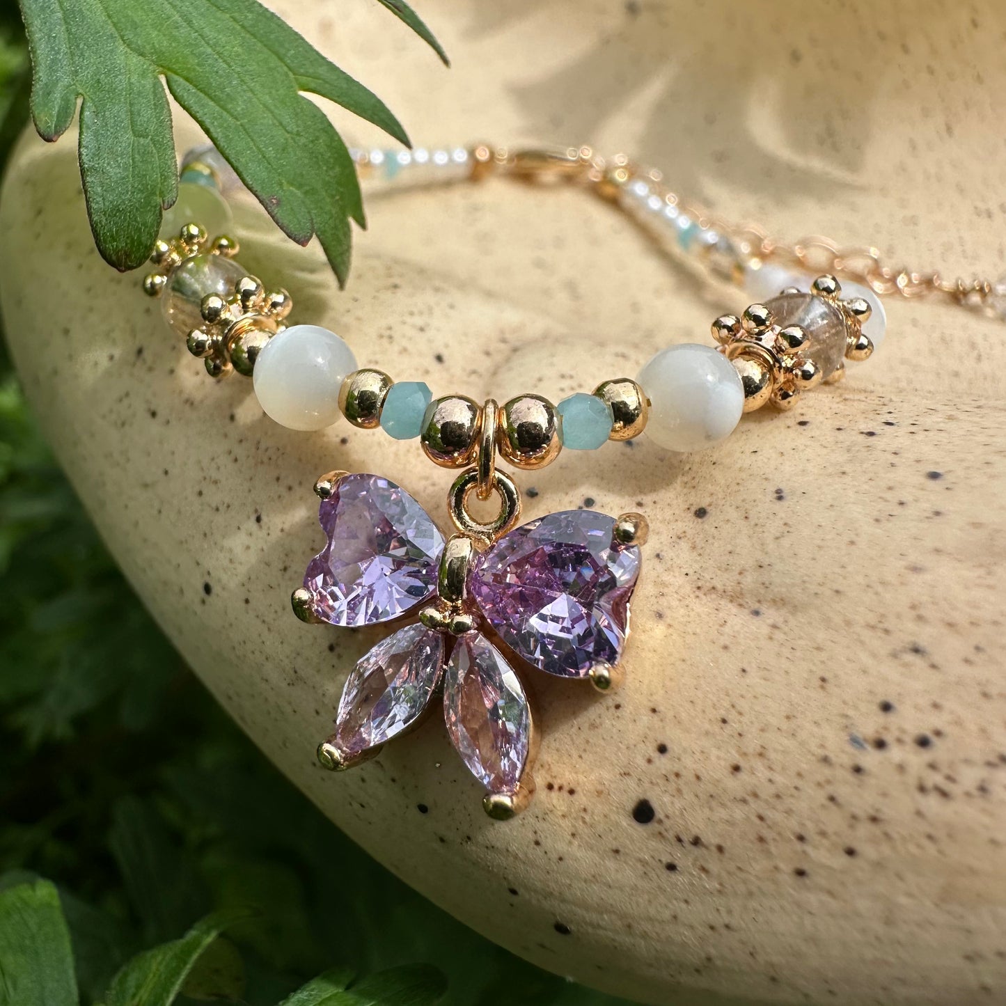 Delicate Purple Butterfly Shell Bead Bracelet