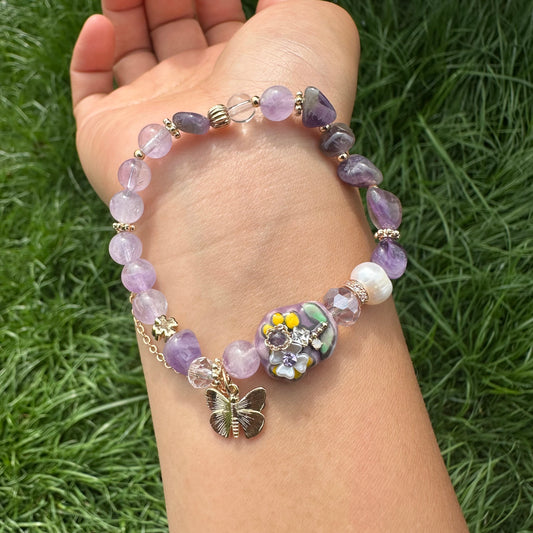 Purple Gemstone Chip, Ceramic & Natural Pearl Bracelet