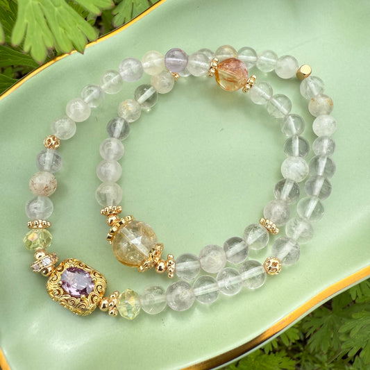 Purple Rutilated Quartz & Citrine Double Wrap Bracelet