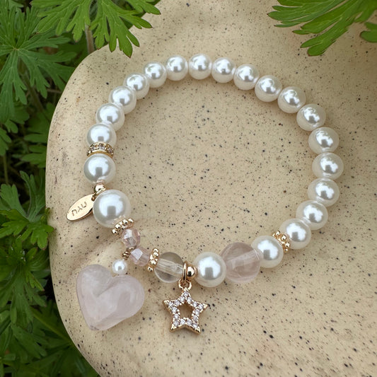 Heart Rose Quartz & Pearl Bracelet