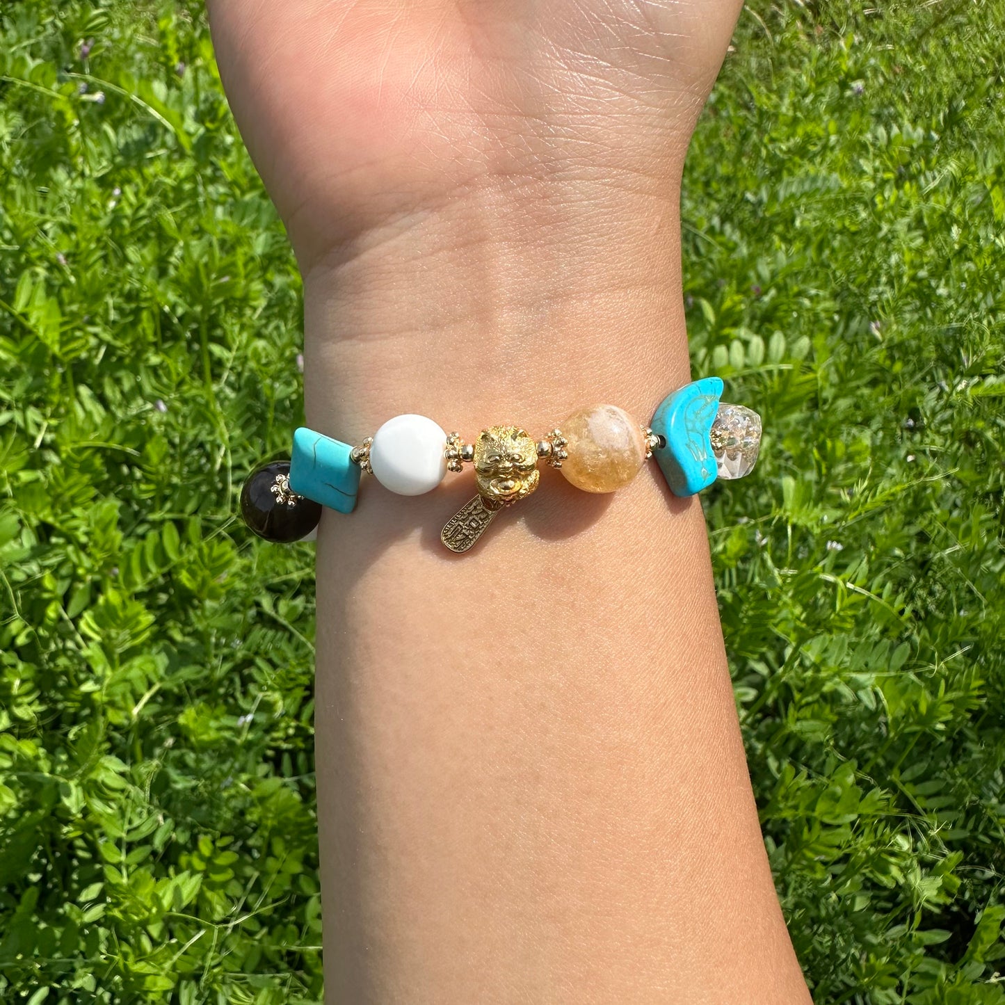 Chinese Lucky Cat Multi-Gem Bracelet