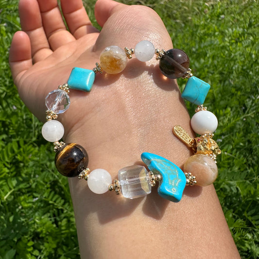 Chinese Lucky Cat Multi-Gem Bracelet