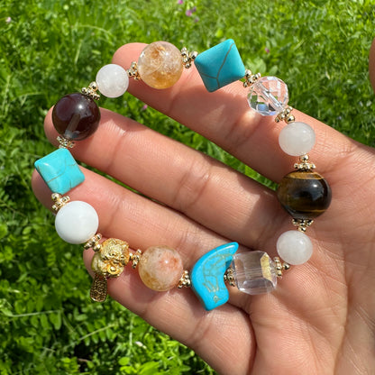 Chinese Lucky Cat Multi-Gem Bracelet