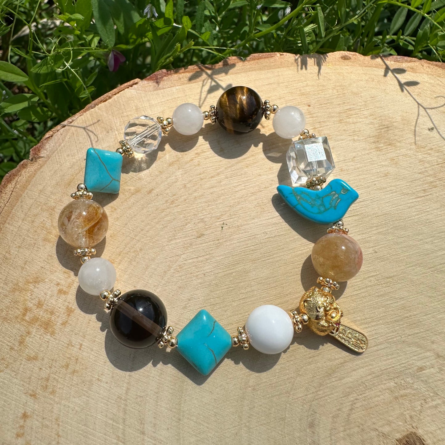 Chinese Lucky Cat Multi-Gem Bracelet