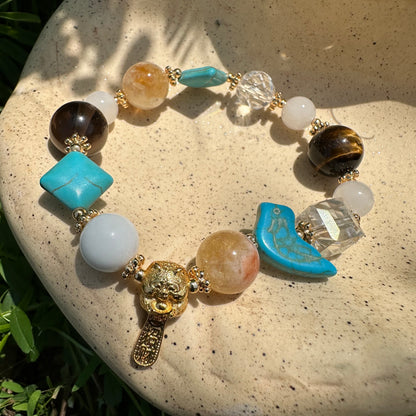 Chinese Lucky Cat Multi-Gem Bracelet