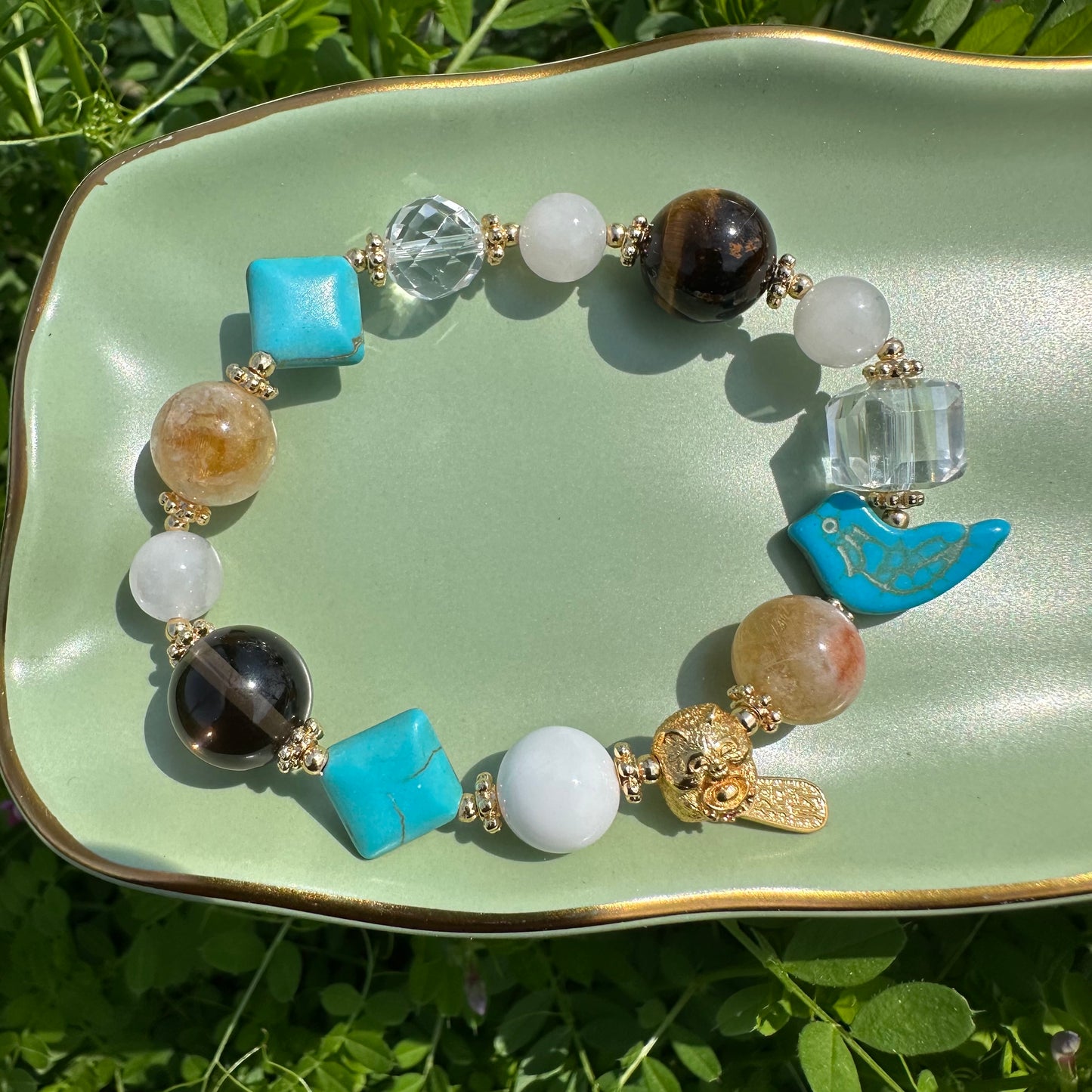 Chinese Lucky Cat Multi-Gem Bracelet