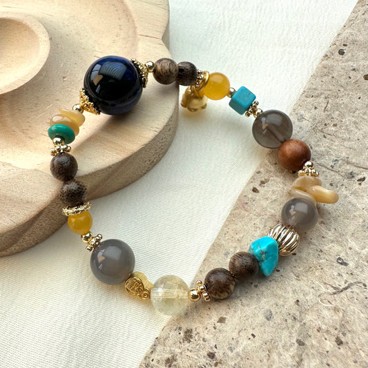 Shell, Wood & Ice Obsidian Bracelet