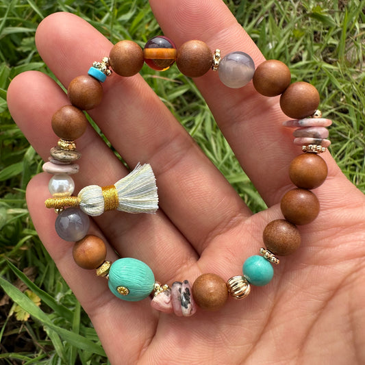 Heart Turquoise & Wood Bead Bracelet