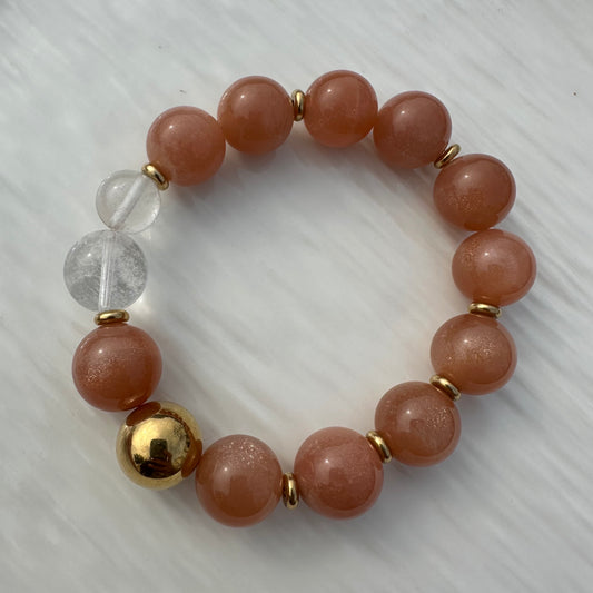 Orange Moonstone & White Pearl Gold-Bead Bracelet