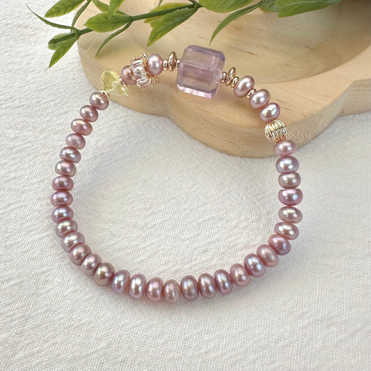 Natural Pearl & Amethyst Cube Bead Bracelet