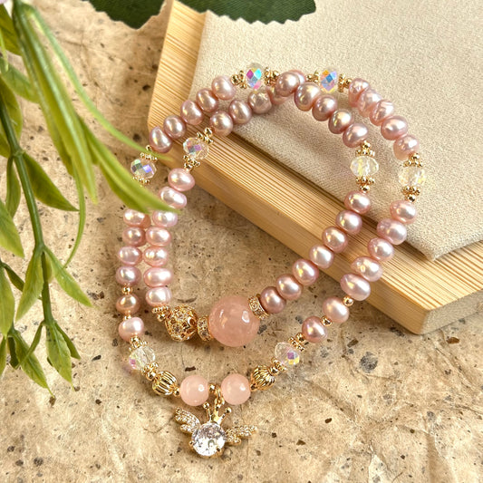 Pearl & Pink Crystal Double Wrap Bracelet