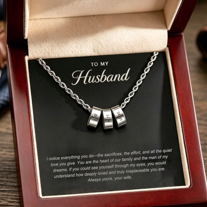 Personalized Husband Family Name Bead Necklace, Engraved Men's Necklace Gift