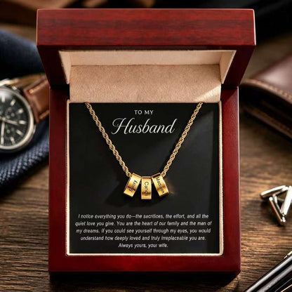 Personalized Husband Family Name Bead Necklace, Engraved Men's Necklace Gift