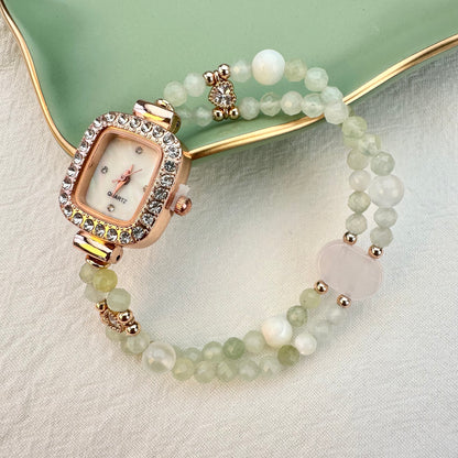 Green Grape Moonlight Prehnite & White Crystal Double-Strand Beaded Watch