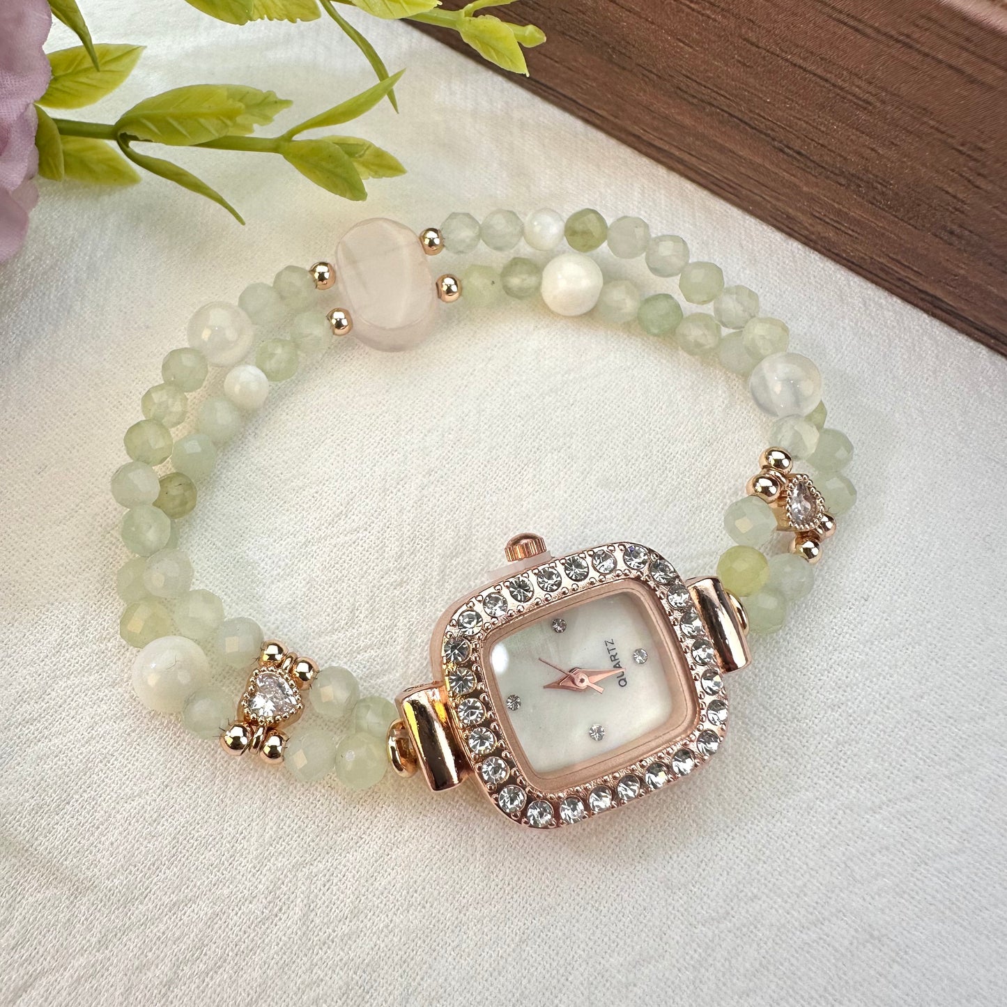 Green Grape Moonlight Prehnite & White Crystal Double-Strand Beaded Watch