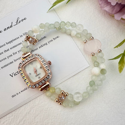 Green Grape Moonlight Prehnite & White Crystal Double-Strand Beaded Watch