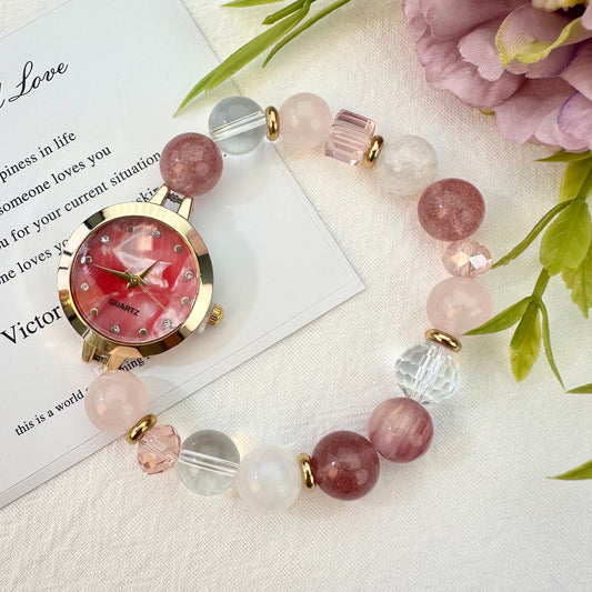 Strawberry Pink Quartz & White Crystal Beaded Watch