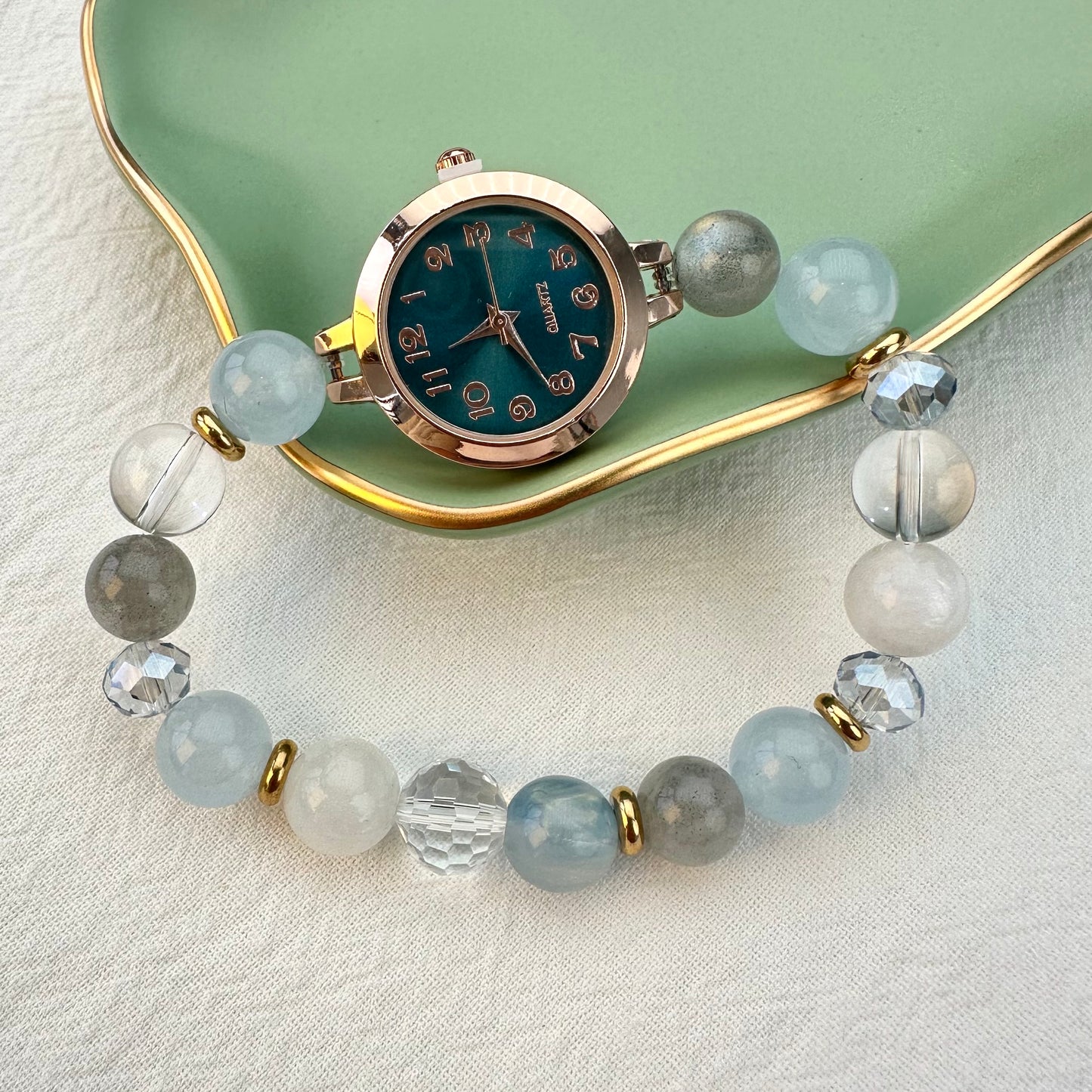Natural Aquamarine, Grey Moonstone & White Crystal Beaded Watch