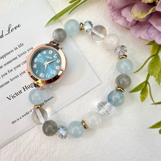 Natural Aquamarine, Grey Moonstone & White Crystal Beaded Watch