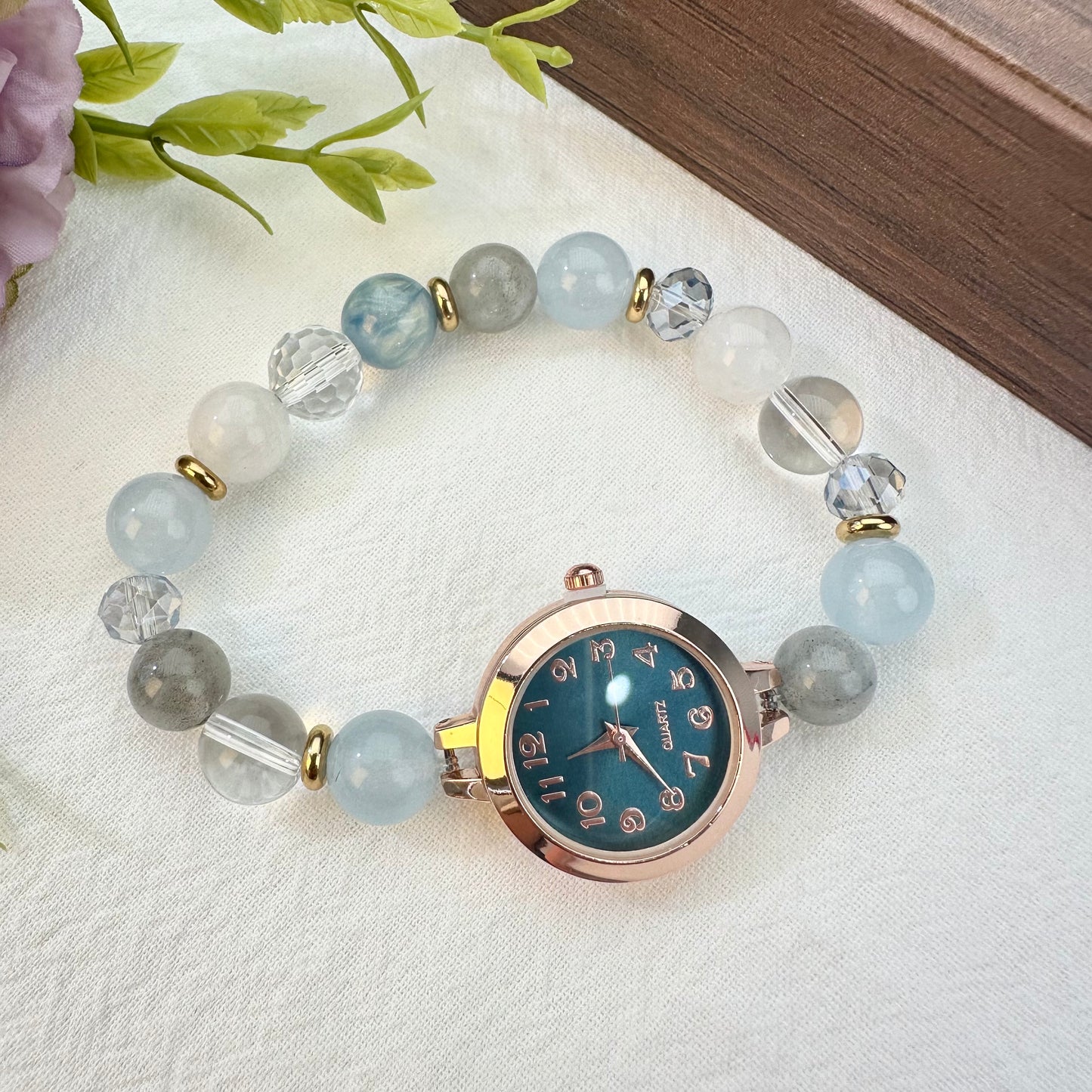 Natural Aquamarine, Grey Moonstone & White Crystal Beaded Watch