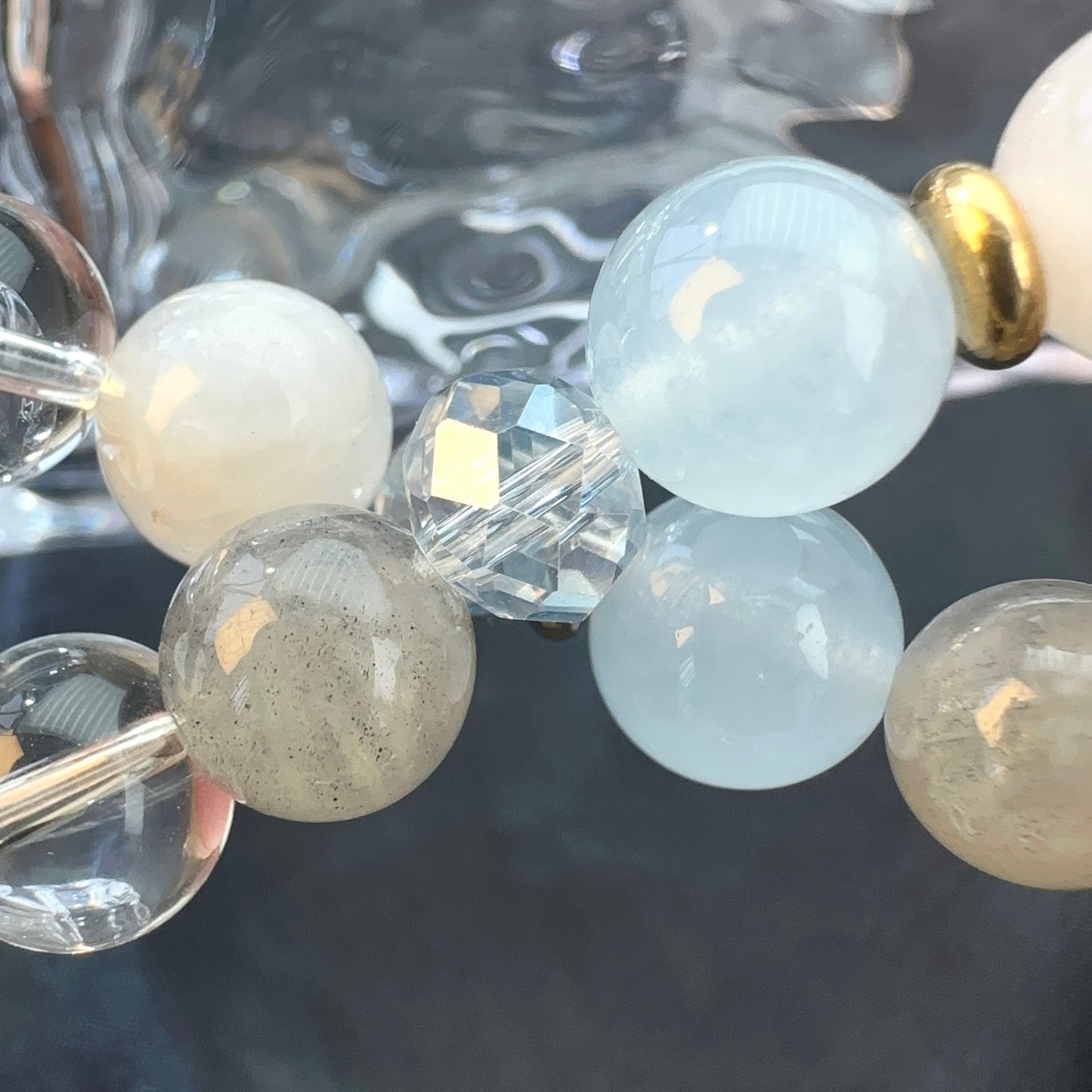 Natural Aquamarine, Grey Moonstone & White Crystal Beaded Watch