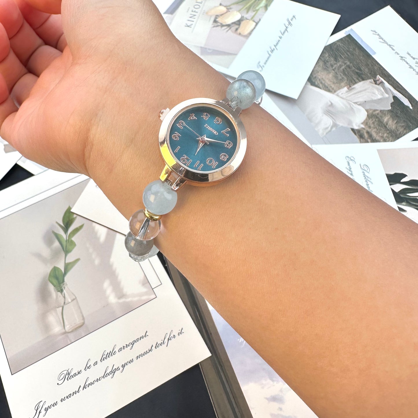 Natural Aquamarine, Grey Moonstone & White Crystal Beaded Watch