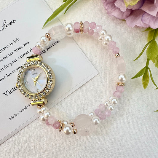 Rose Quartz, Peach Blossom Stone & Pearl Double-Strand Light Luxury Girly Style Beaded Watch