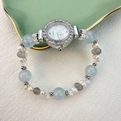 Mist Grey-Blue Aquamarine & Moonstone Crystal Beaded Watch