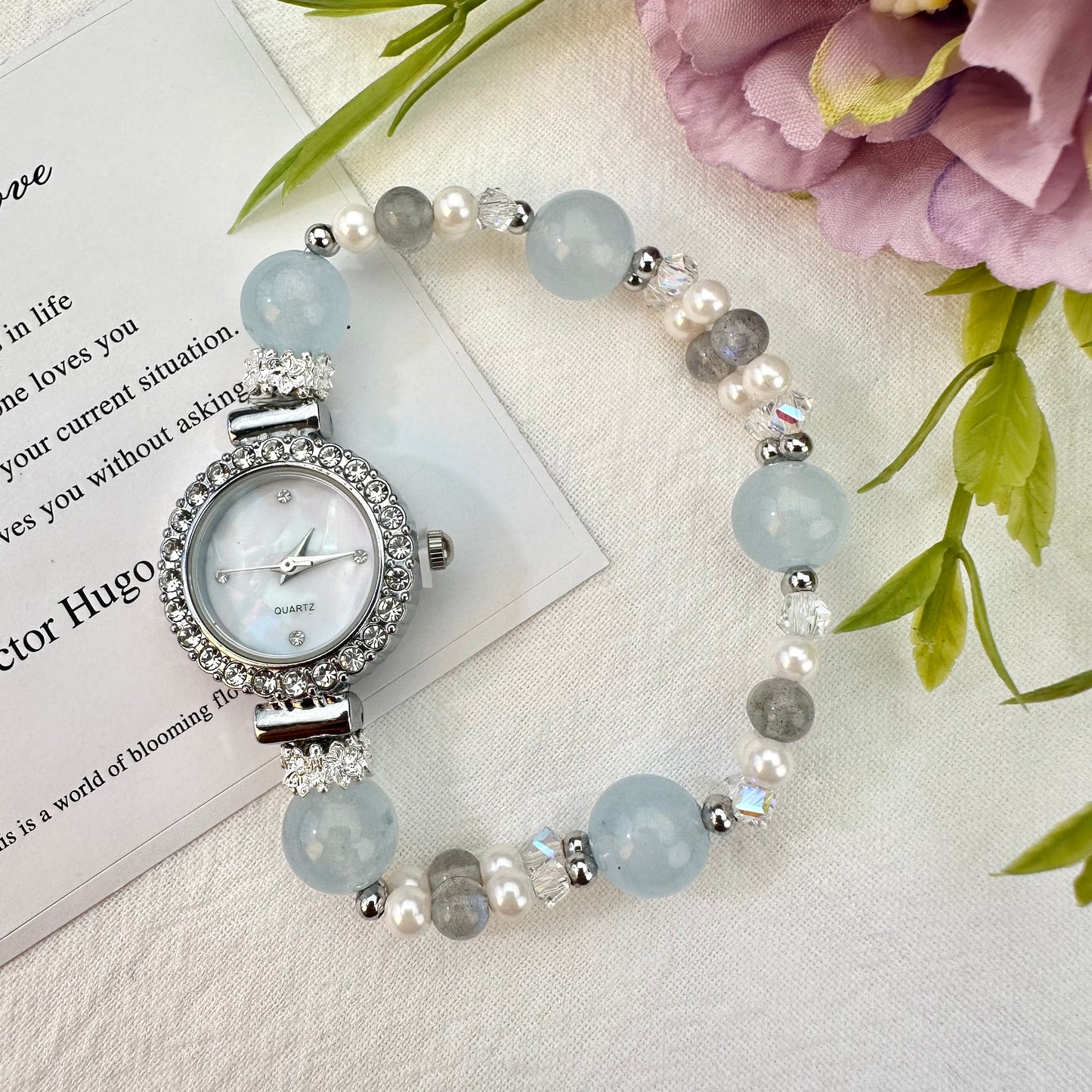 Mist Grey-Blue Aquamarine & Moonstone Crystal Beaded Watch