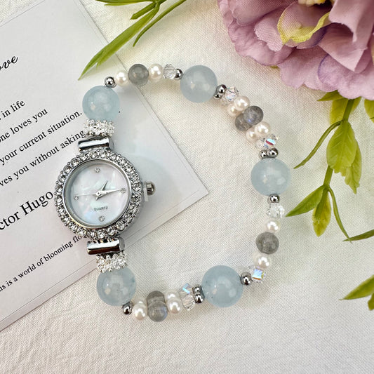 Mist Grey-Blue Aquamarine & Moonstone Crystal Beaded Watch