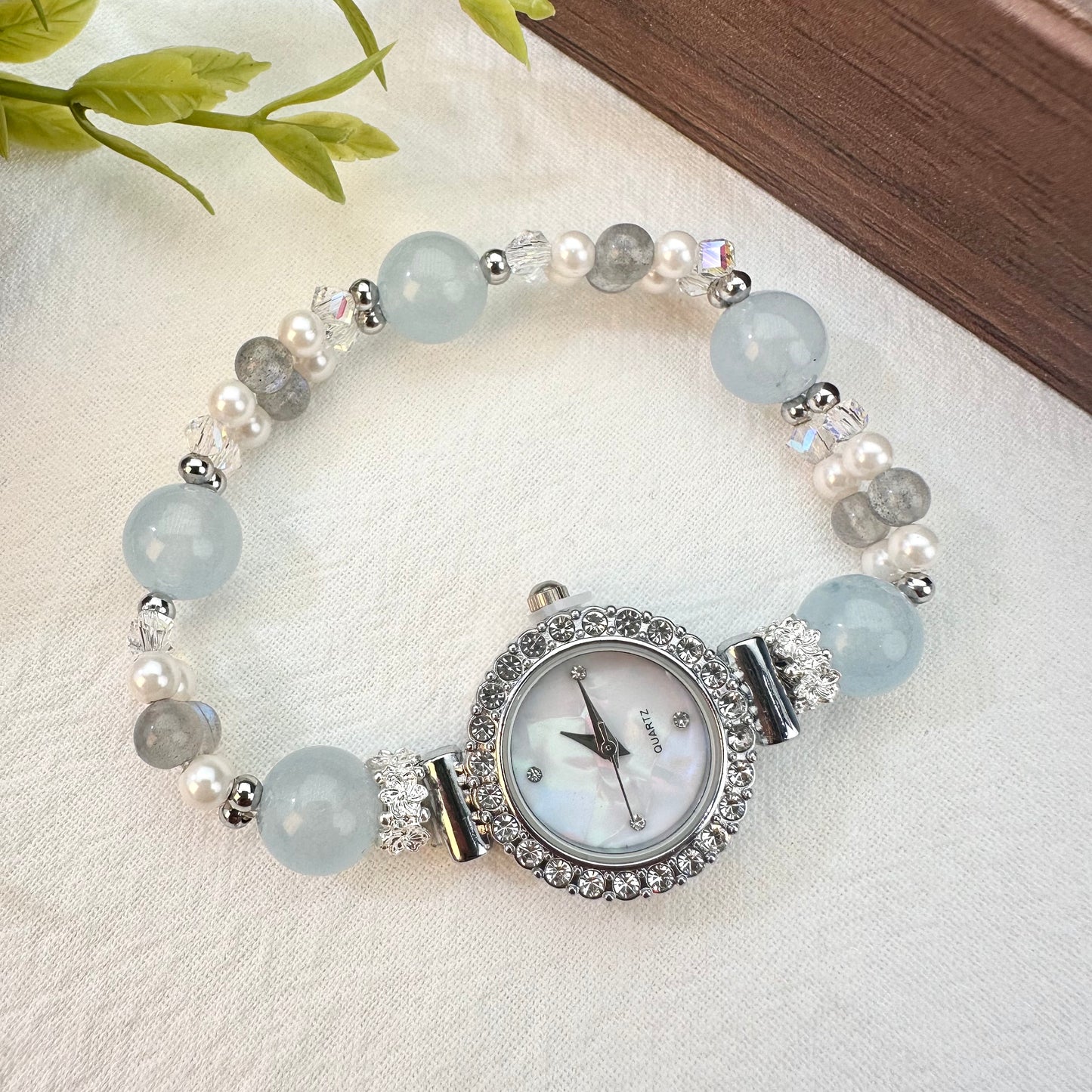 Mist Grey-Blue Aquamarine & Moonstone Crystal Beaded Watch