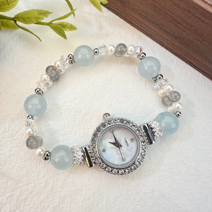 Mist Grey-Blue Aquamarine & Moonstone Crystal Beaded Watch