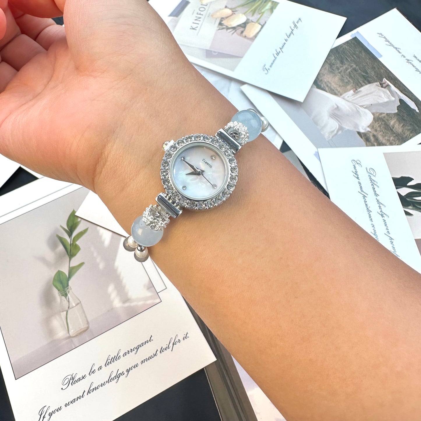 Mist Grey-Blue Aquamarine & Moonstone Crystal Beaded Watch