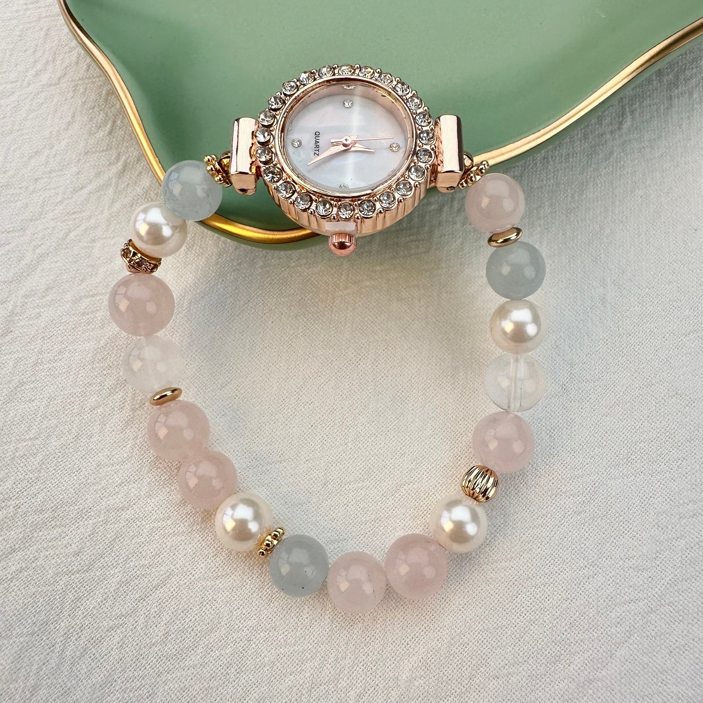 Natural Rose Quartz, Aquamarine & Pearl Beaded Watch