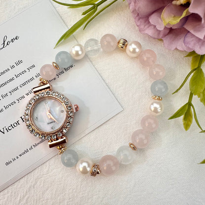 Natural Rose Quartz, Aquamarine & Pearl Beaded Watch