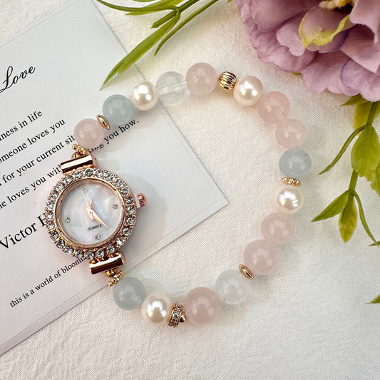 Natural Rose Quartz, Aquamarine & Pearl Beaded Watch