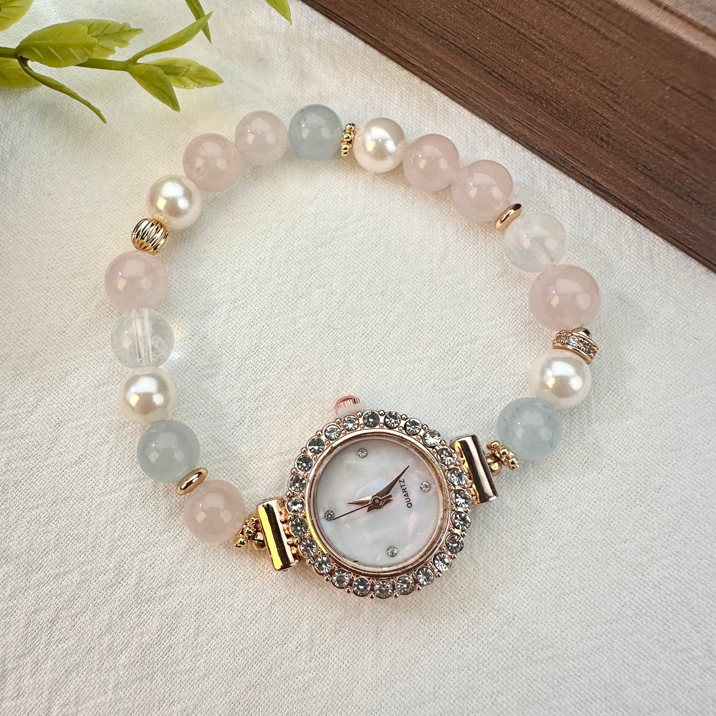 Natural Rose Quartz, Aquamarine & Pearl Beaded Watch