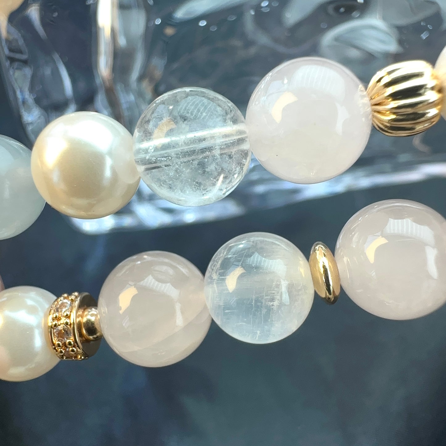 Natural Rose Quartz, Aquamarine & Pearl Beaded Watch