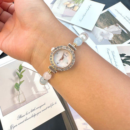 Natural Rose Quartz, Aquamarine & Pearl Beaded Watch