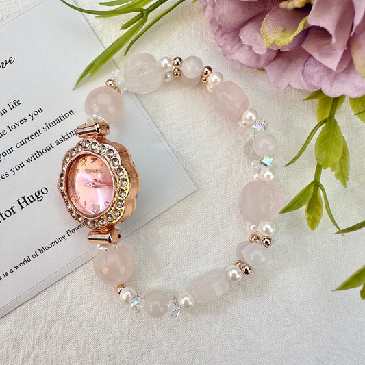 Rose Quartz, White Moonstone & Pearl Double-Layer Beaded Watch