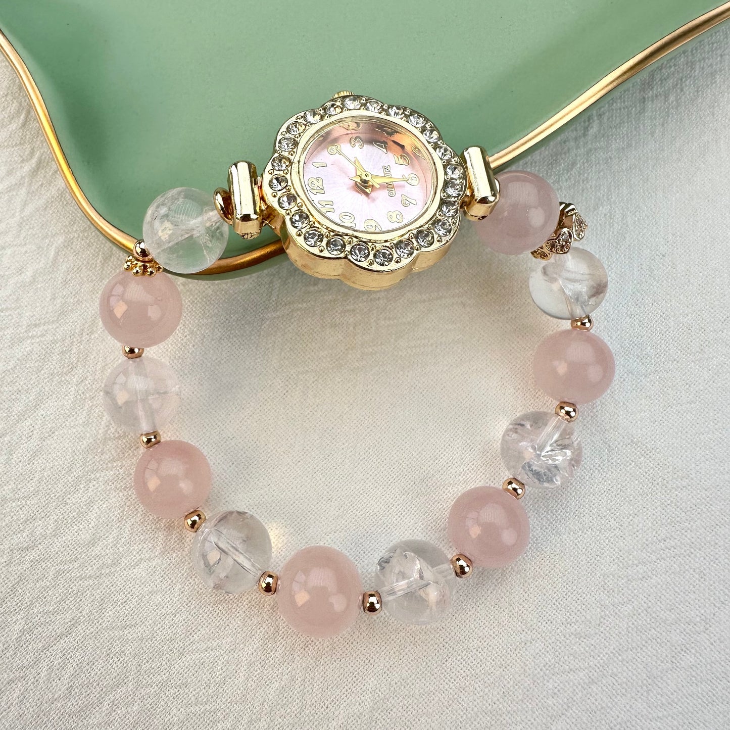Soft Mist Pink & White Crystal Beaded Watch