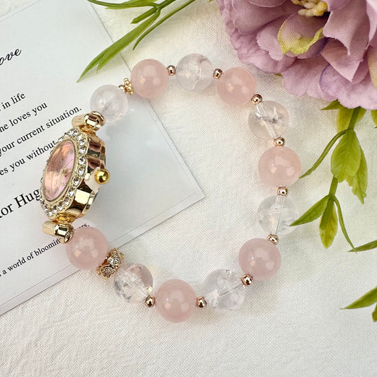 Soft Mist Pink & White Crystal Beaded Watch