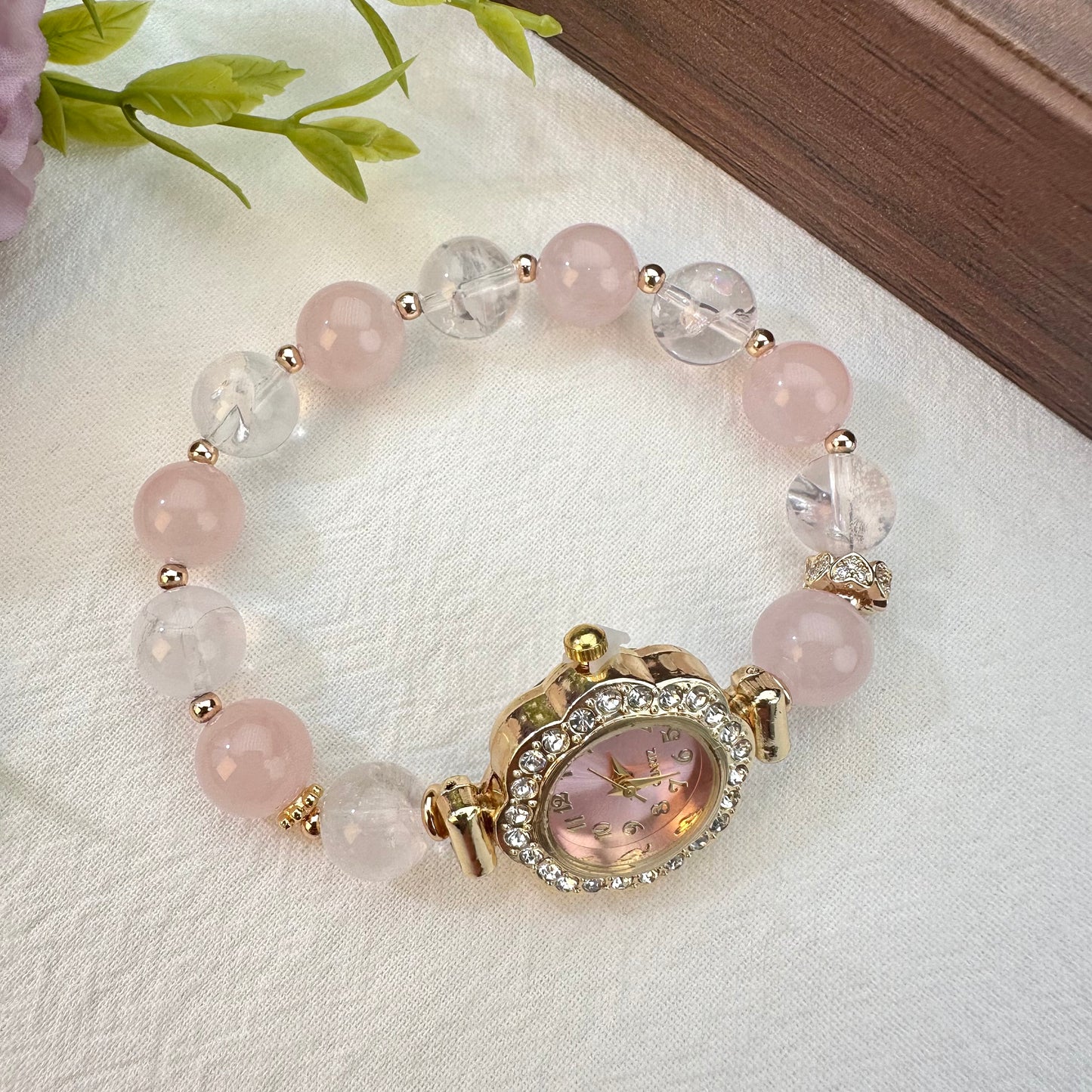 Soft Mist Pink & White Crystal Beaded Watch