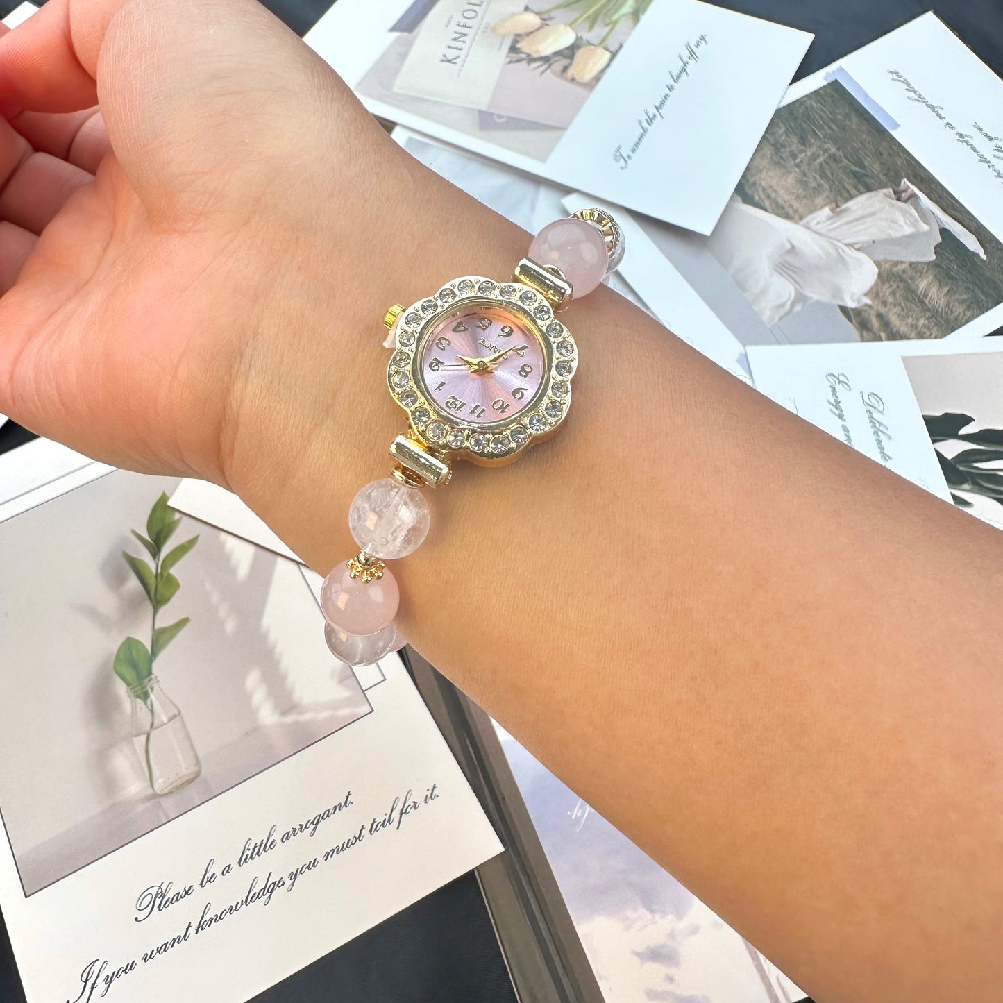 Soft Mist Pink & White Crystal Beaded Watch