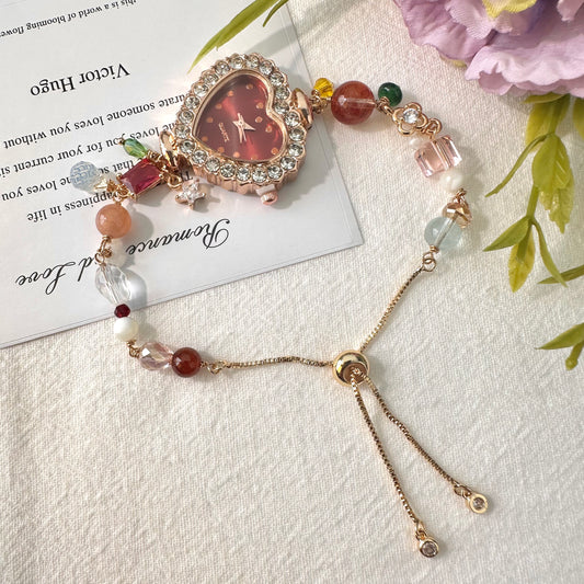 Anime-Inspired Multi-Stone Crystal Bracelet Watch with Red Rutilated Quartz & Rose Quartz