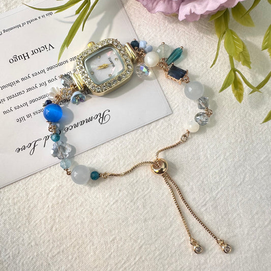 Ocean Mist Blue Cat’s Eye & White Crystal Beaded Bracelet Watch