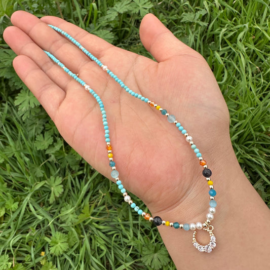 Full Crystal Moon & Turquoise Necklace