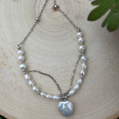 Natural Pearl Chain with Heart Pendant Necklace